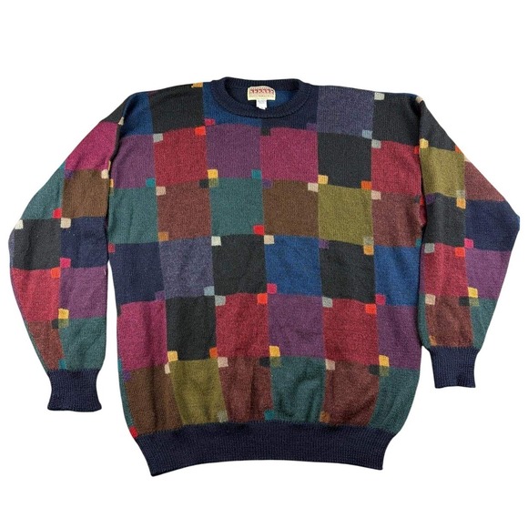 Vintage‎ Paititi Woolens Co. Sweater Men XL Multi Checkered 100% Alpaca Wool 70s